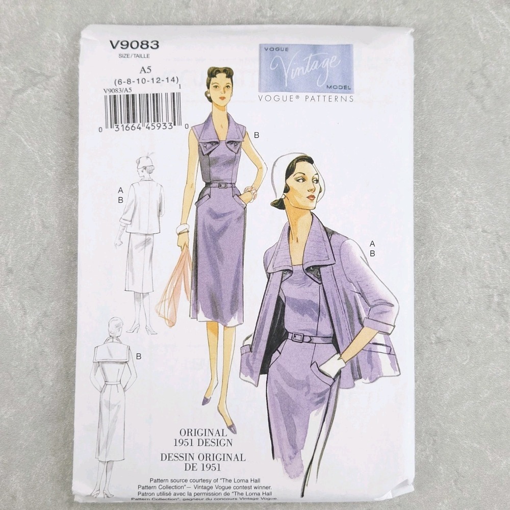 Vogue V9083 Vintage 1951 Fitted Dress Sewing Pattern Mid Century Retro Sz 6-14
